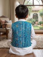 White Solid Kurta with Blue Bandez Jacket And Pajama