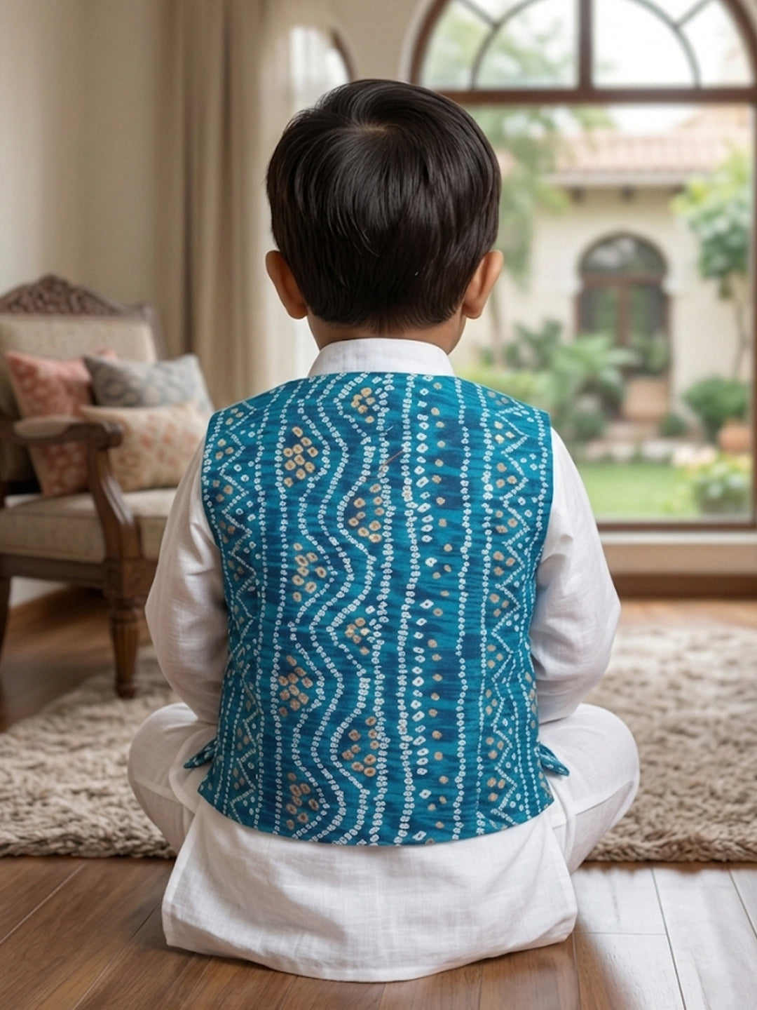 White Solid Kurta with Blue Bandez Jacket And Pajama