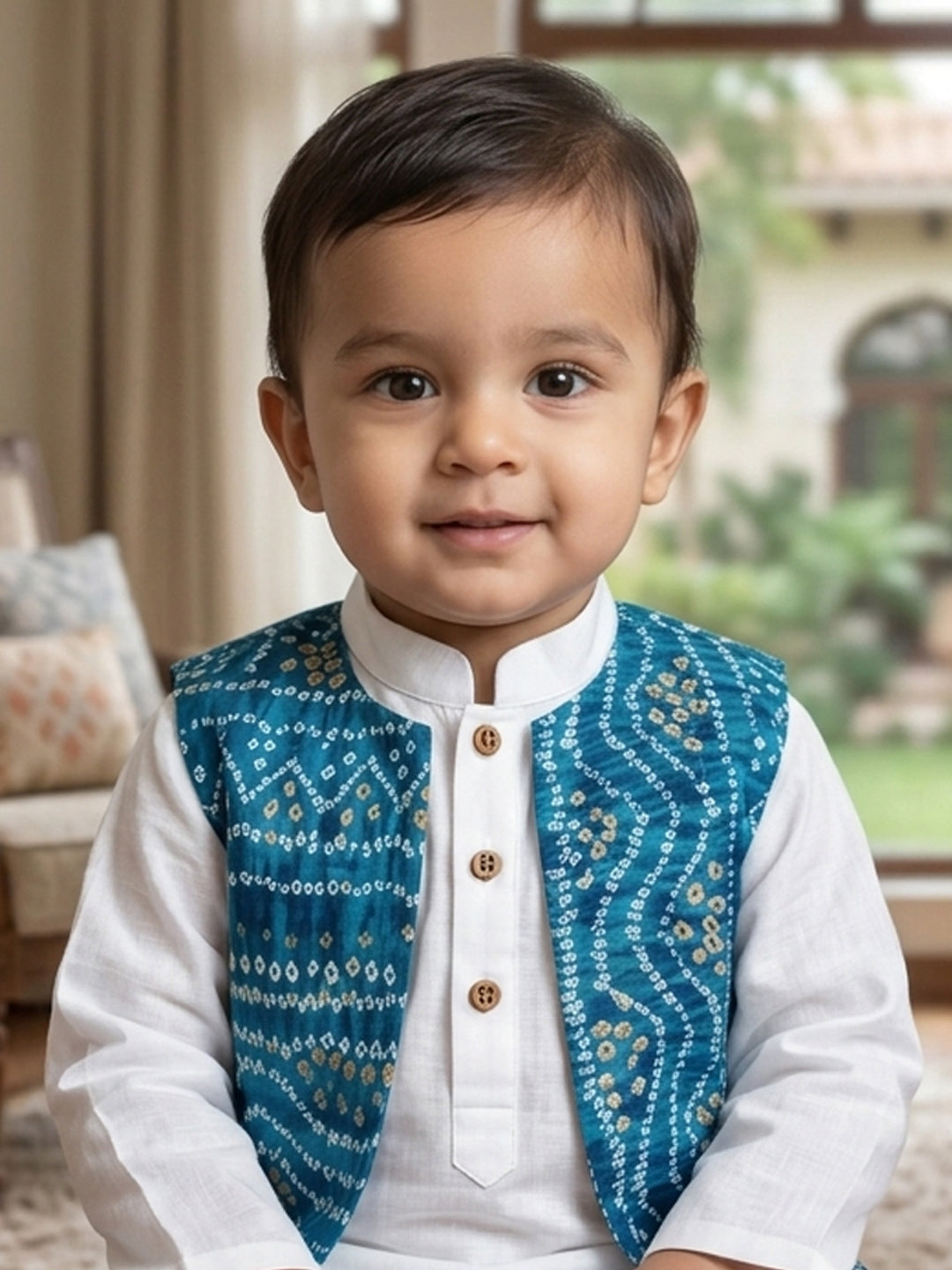 White Solid Kurta with Blue Bandez Jacket And Pajama