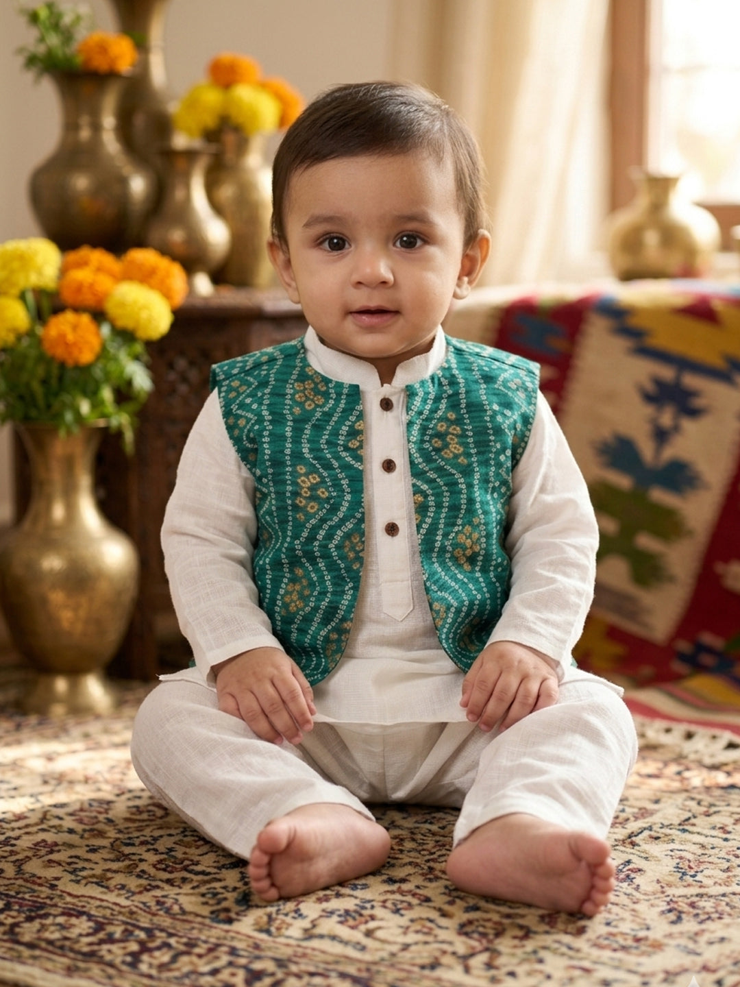 White Solid Kurta with Green Bandez Jacket And Pajama