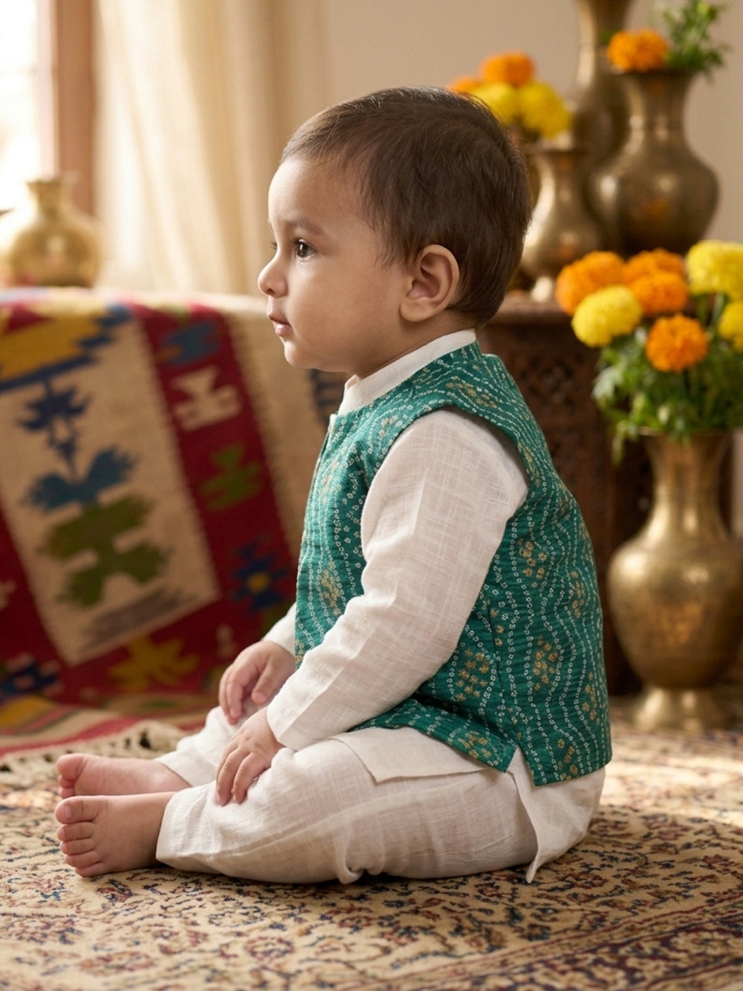 White Solid Kurta with Green Bandez Jacket And Pajama