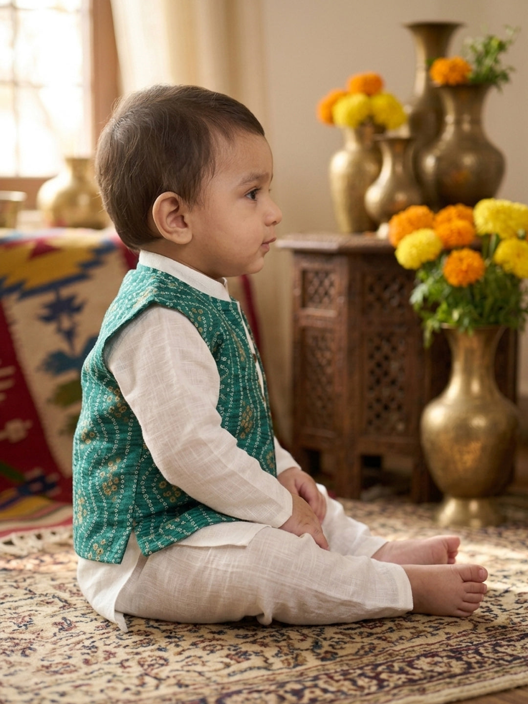 White Solid Kurta with Green Bandez Jacket And Pajama