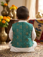 White Solid Kurta with Green Bandez Jacket And Pajama