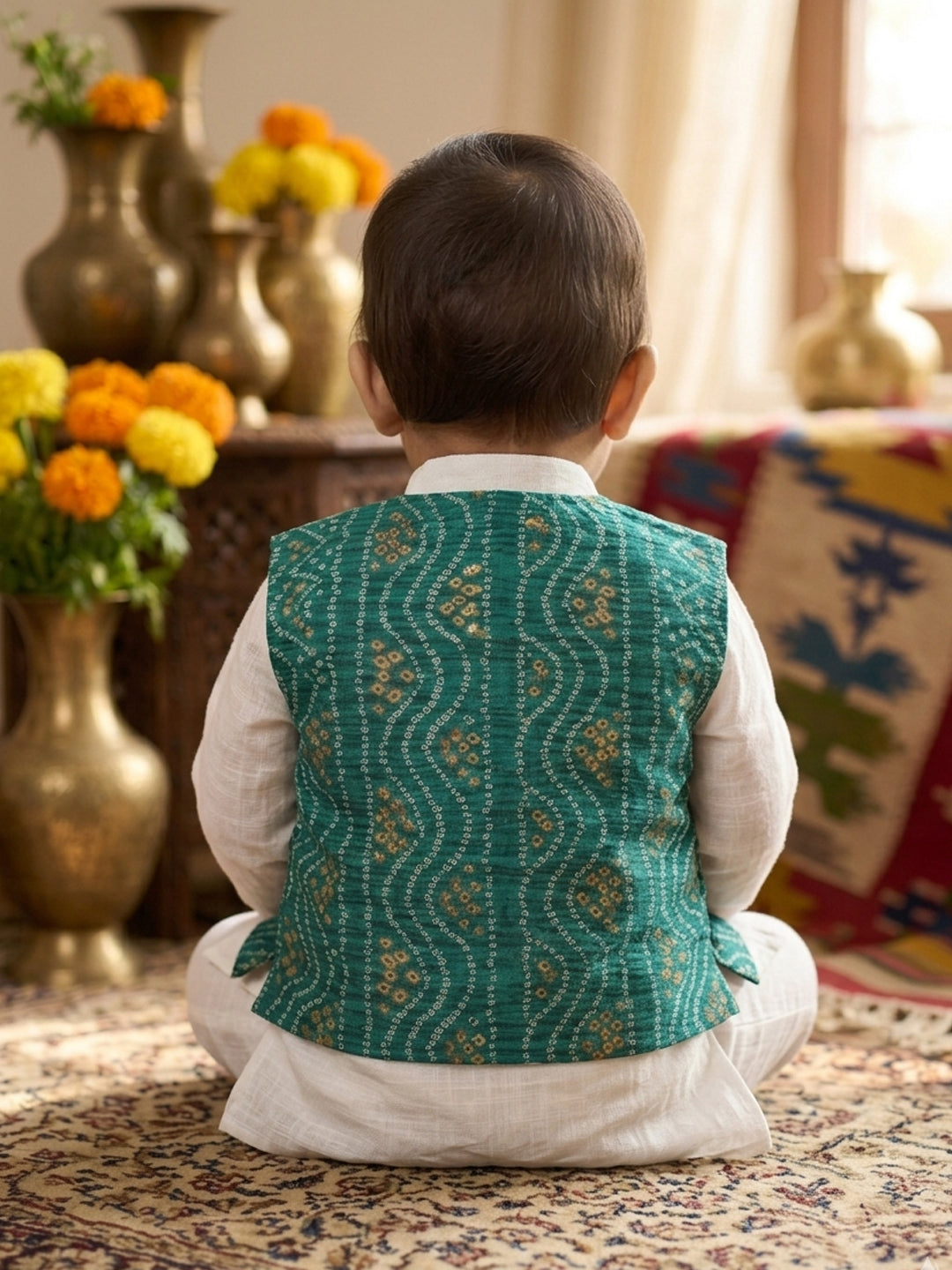 White Solid Kurta with Green Bandez Jacket And Pajama