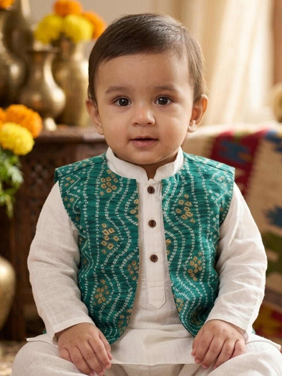 White Solid Kurta with Green Bandez Jacket And Pajama