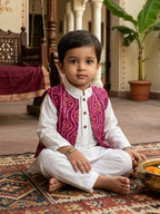 White Solid Kurta with Pink Bandez Jacket And Pajama