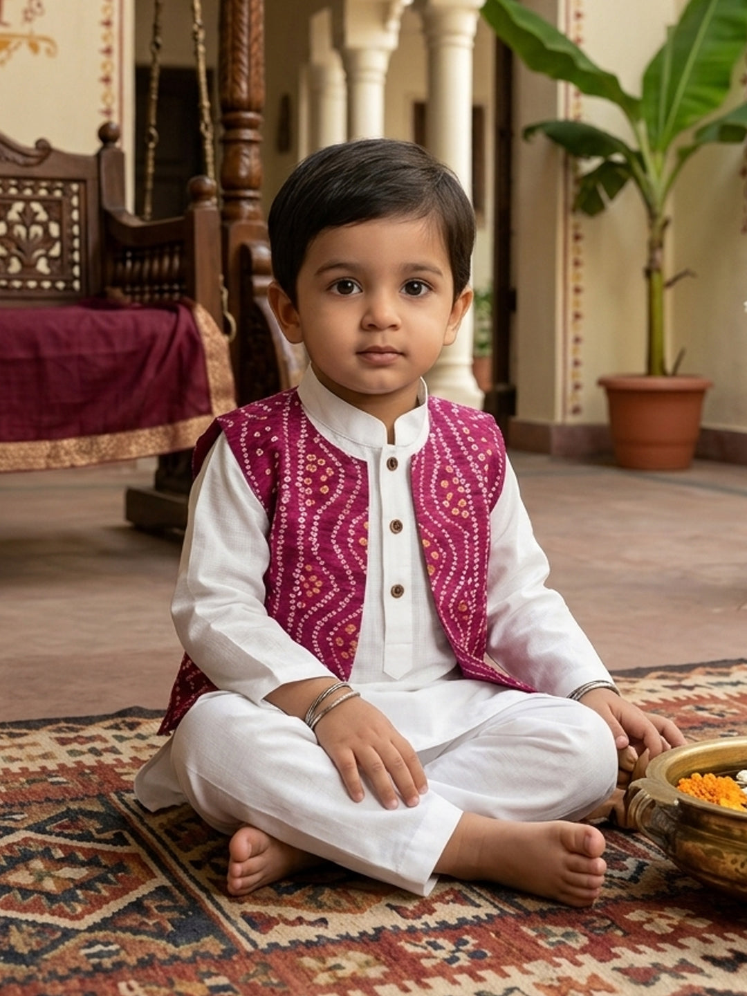 White Solid Kurta with Pink Bandez Jacket And Pajama