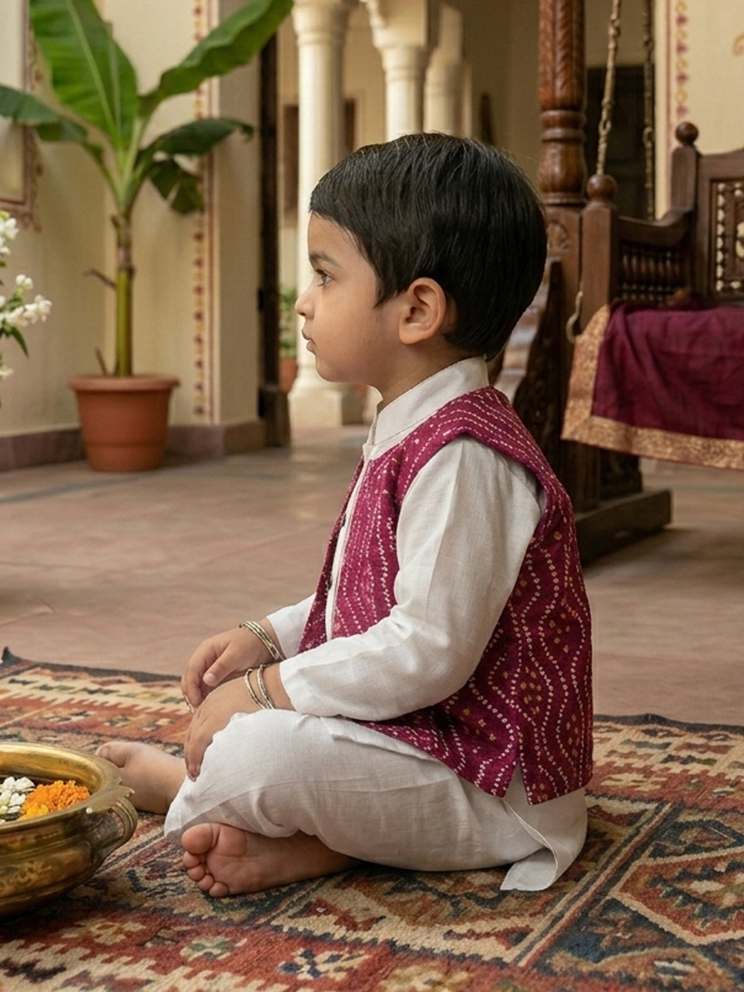 White Solid Kurta with Pink Bandez Jacket And Pajama