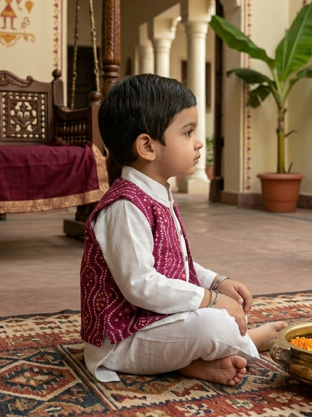 White Solid Kurta with Pink Bandez Jacket And Pajama