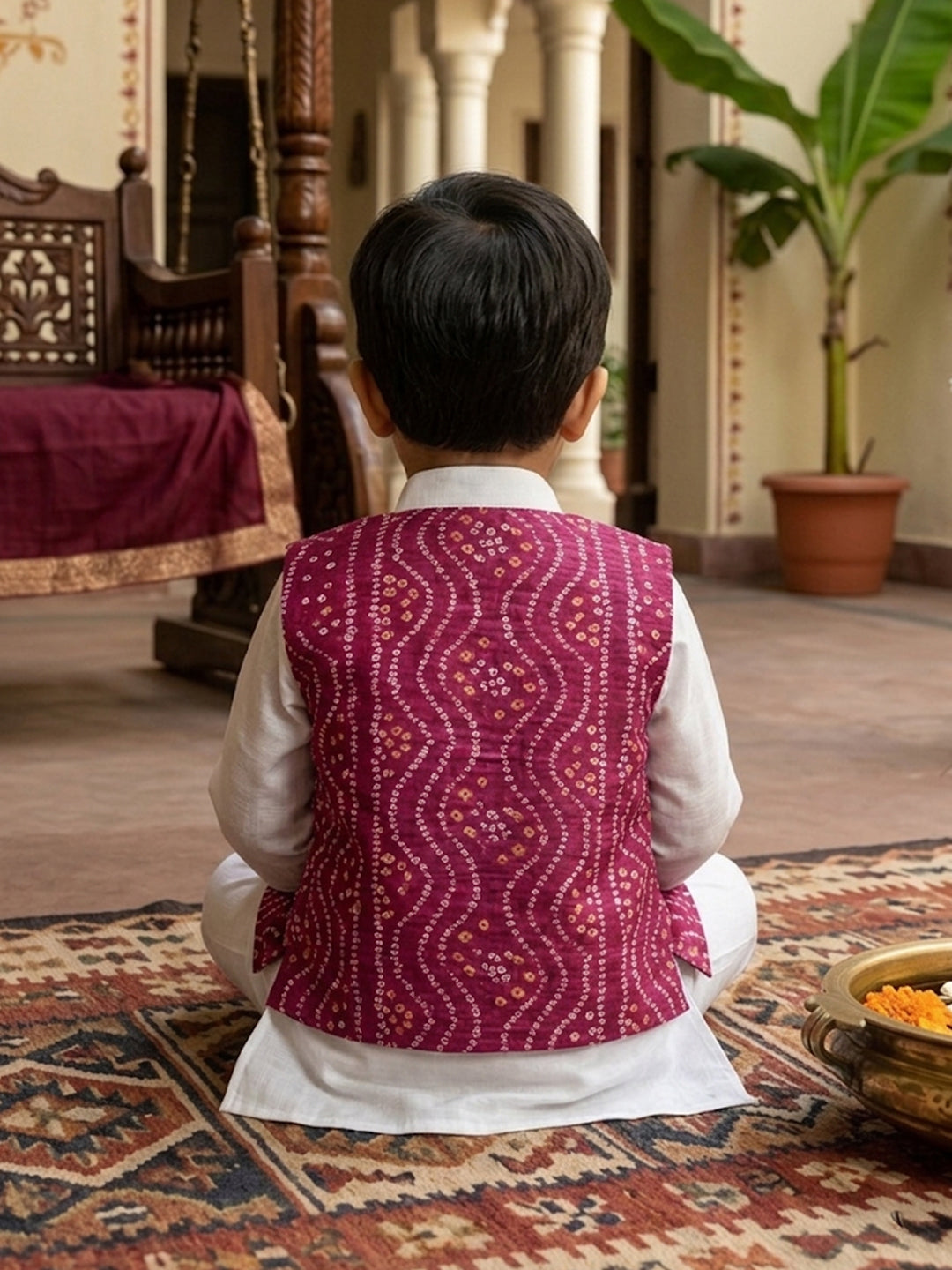 White Solid Kurta with Pink Bandez Jacket And Pajama