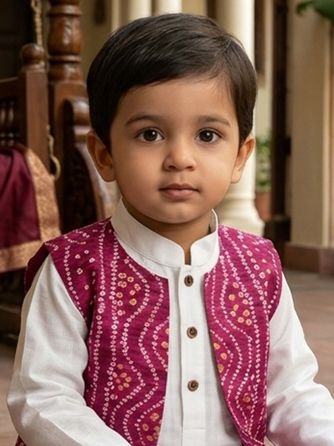 White Solid Kurta with Pink Bandez Jacket And Pajama