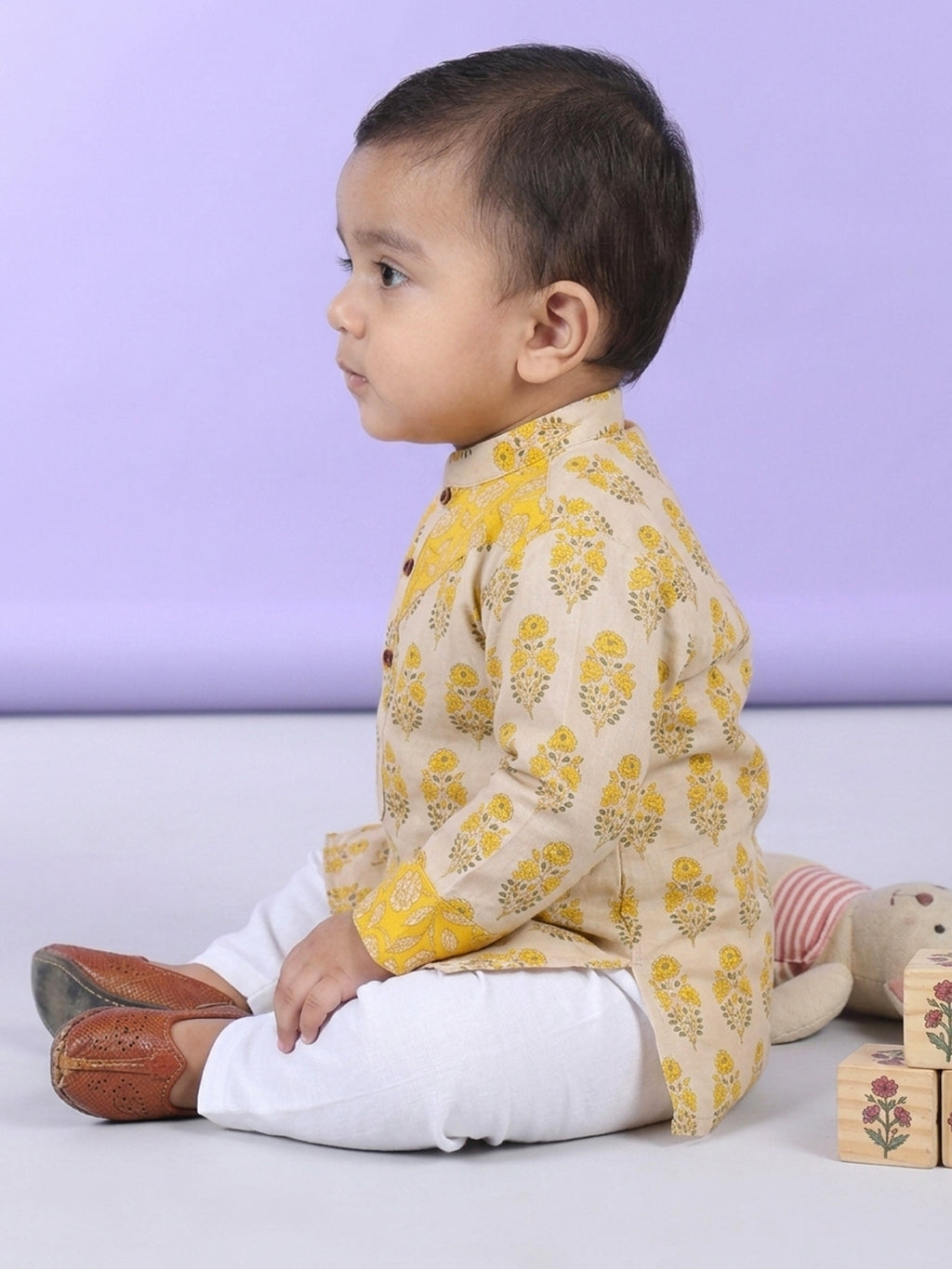 Yellow Boys Printed Cotton Kurta Kurta with Pajama
