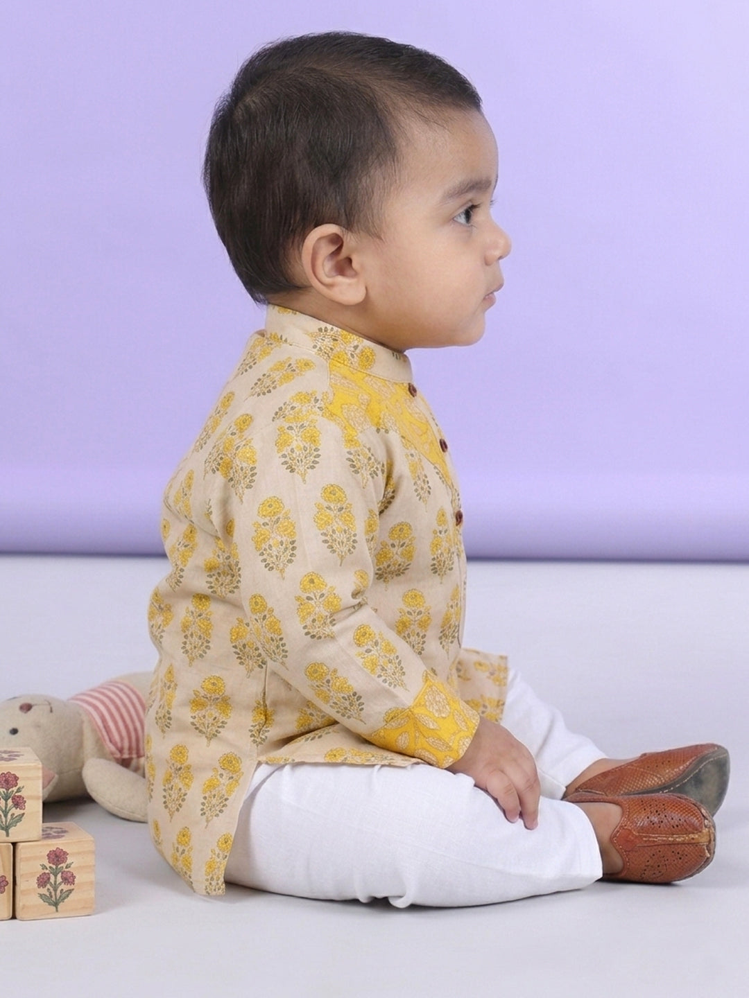 Yellow Boys Printed Cotton Kurta Kurta with Pajama