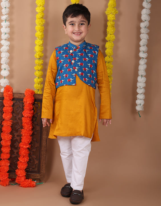 Yellow Plain Kurta with Blue printed elephant jacket and pajama