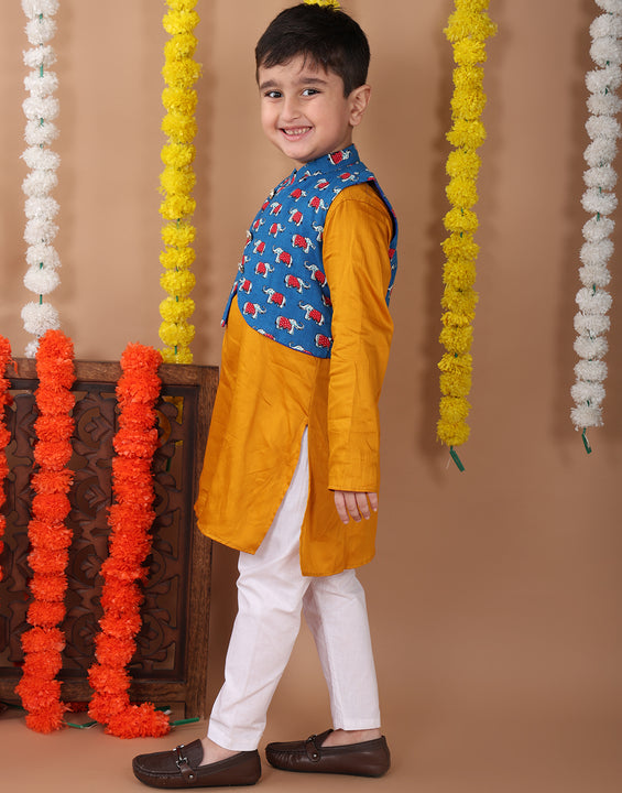 Yellow Plain Kurta with Blue printed elephant jacket and pajama