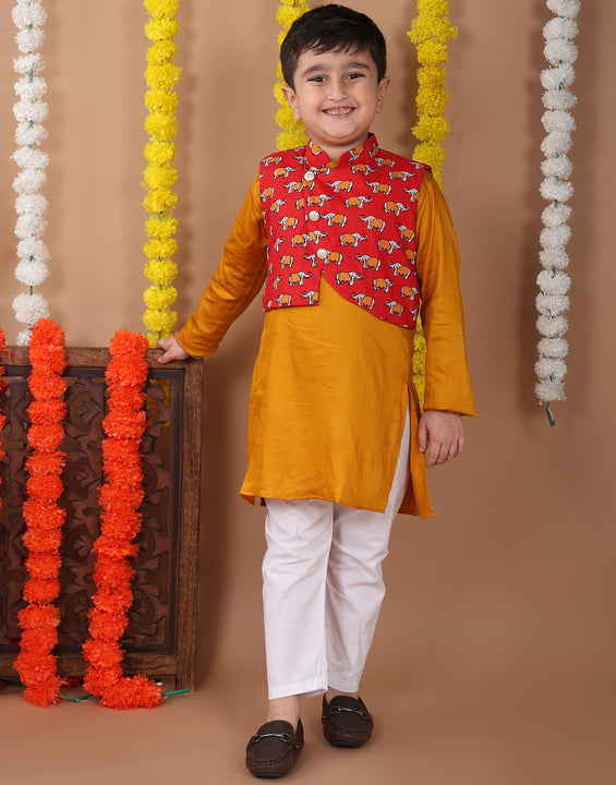 Yellow Plain Kurta with Red printed elephant jacket and pajama