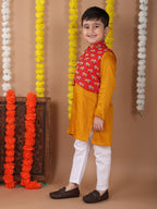 Yellow Plain Kurta with Red printed elephant jacket and pajama
