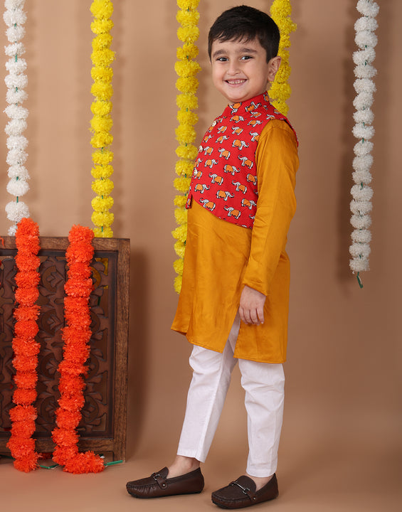 Yellow Plain Kurta with Red printed elephant jacket and pajama