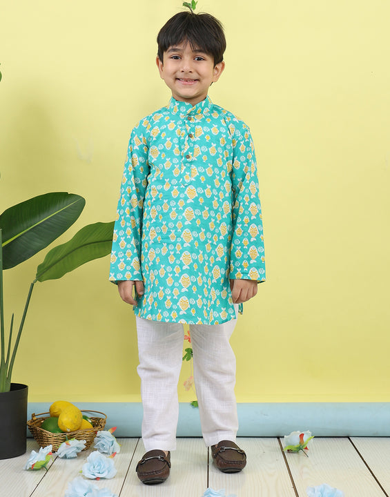 Green Fish Printed Kurta with pajama