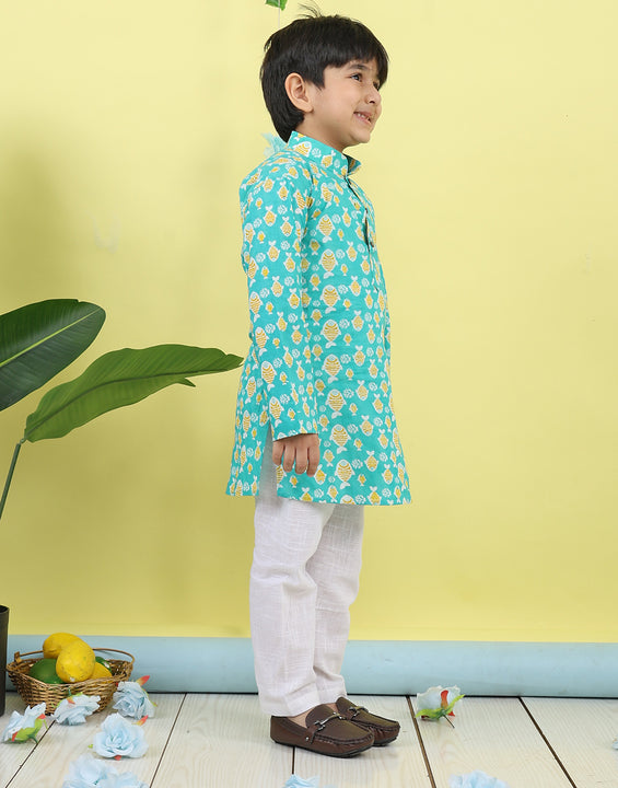 Green Fish Printed Kurta with pajama