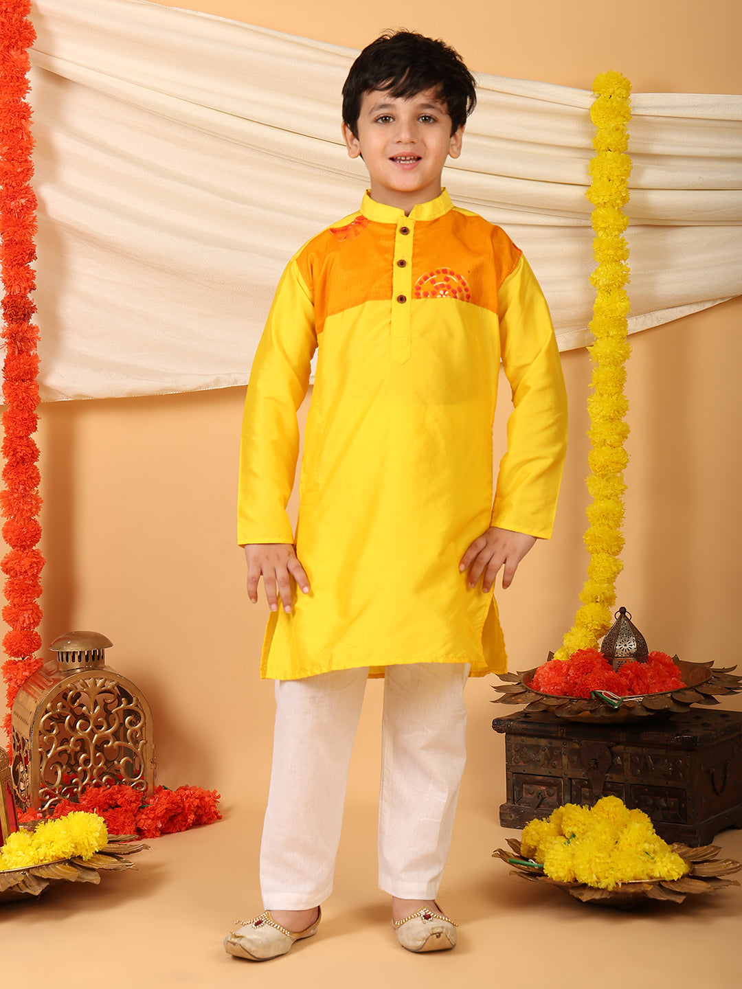 Yellow Kurta with Kota patch Kurta with pajama