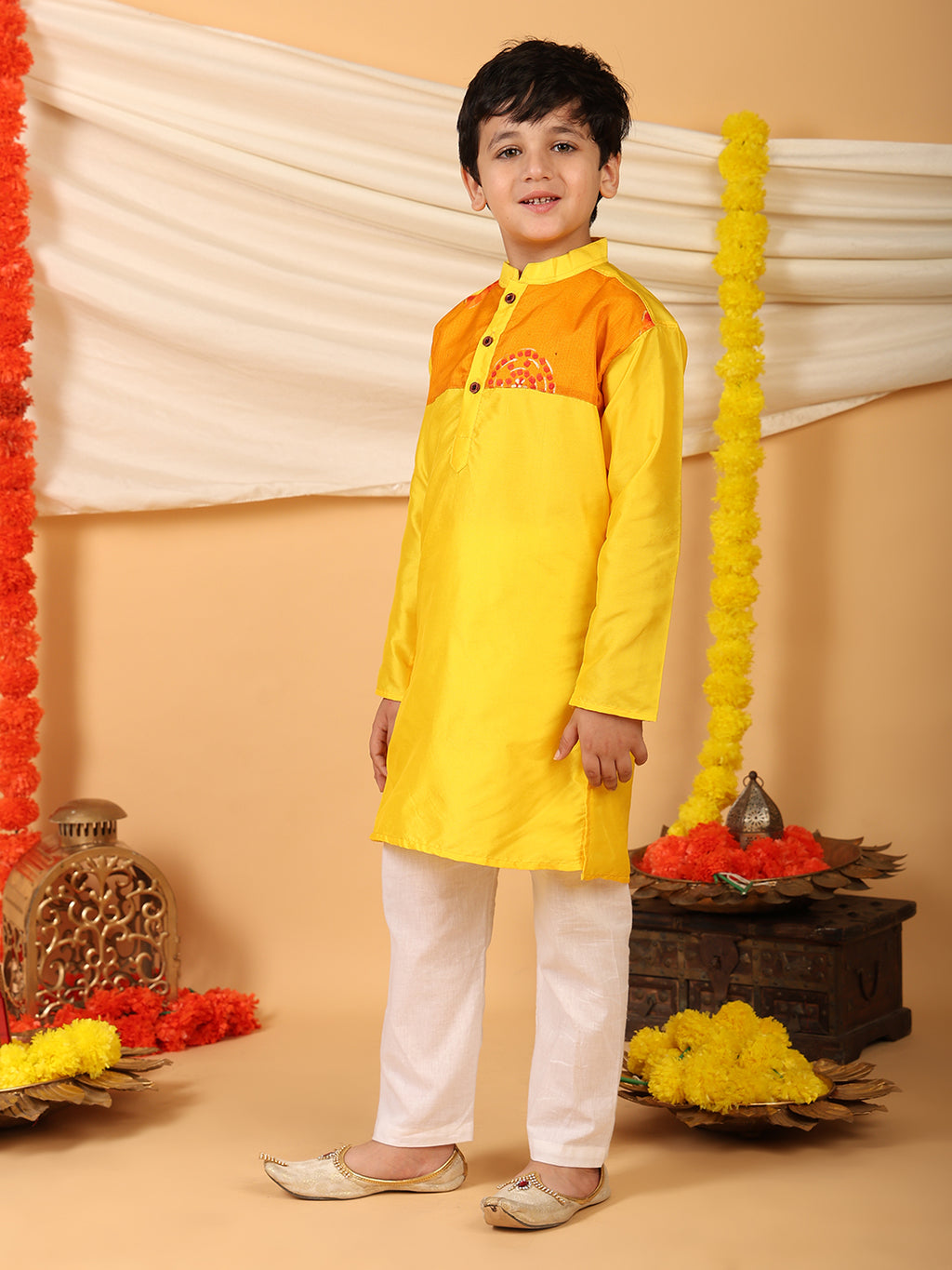 Yellow Kurta with Kota patch Kurta with pajama