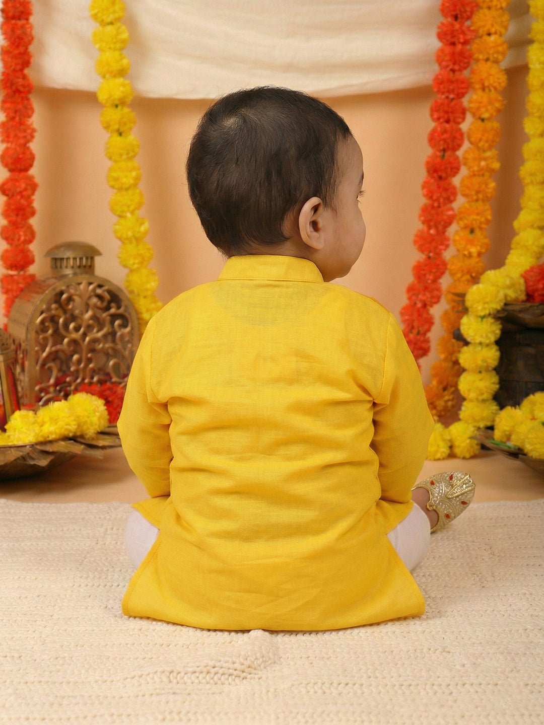 Yellow Cotton Woven Full Sleeve Floral Foil Printed Kurta Pyjama Set