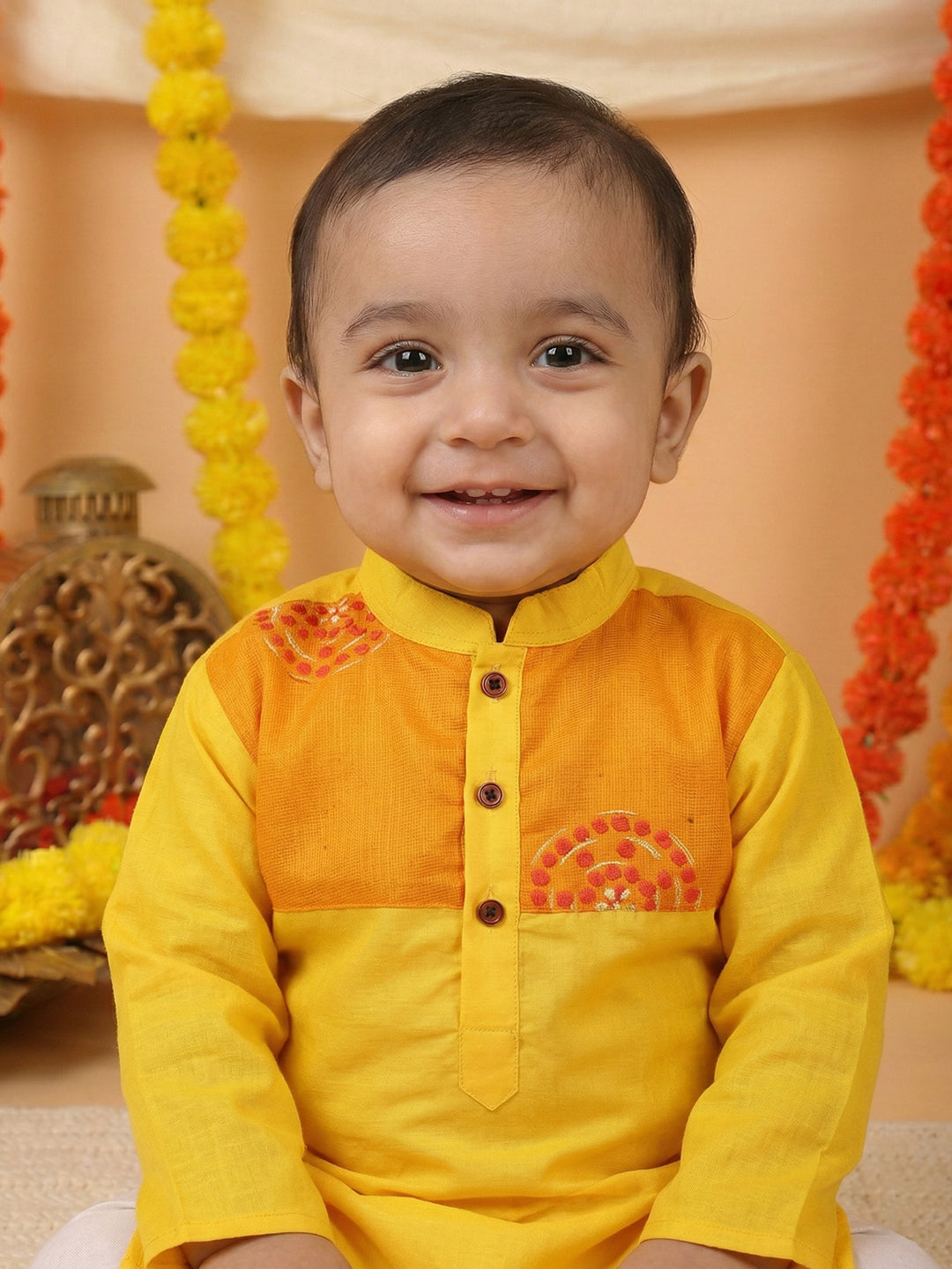 Yellow Cotton Woven Full Sleeve Floral Foil Printed Kurta Pyjama Set