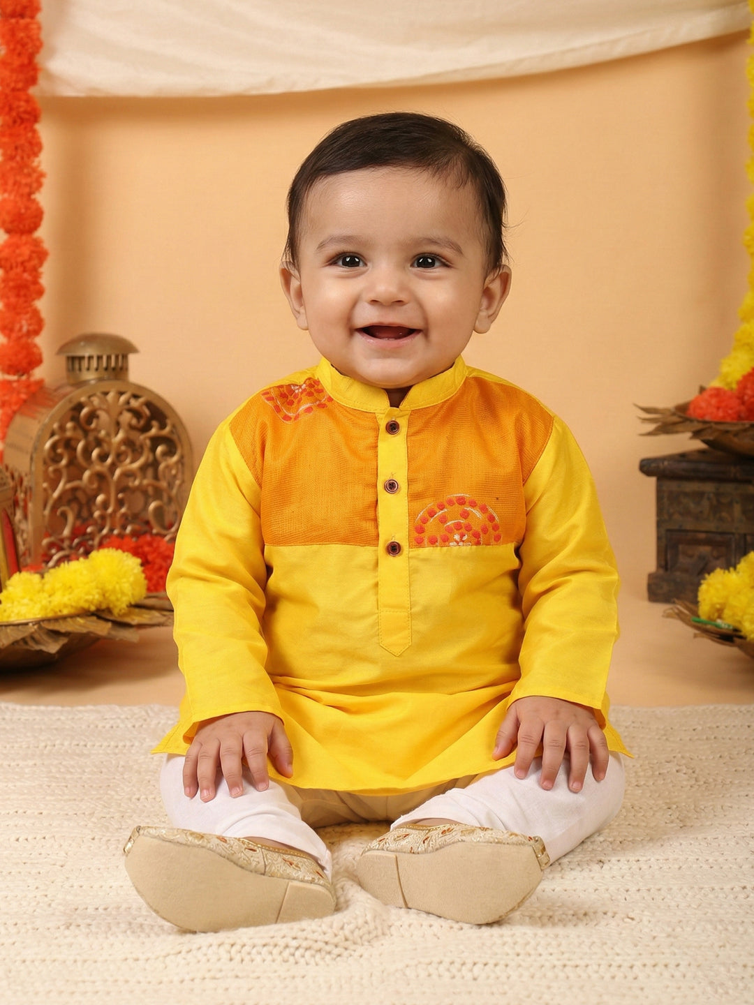 Yellow Cotton Woven Full Sleeve Floral Foil Printed Kurta Pyjama Set