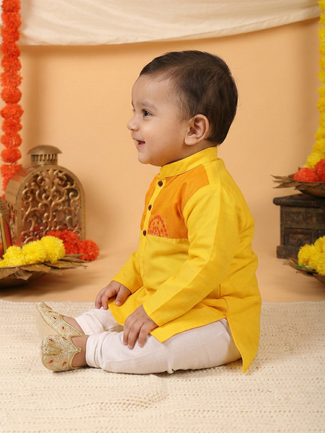 Yellow Cotton Woven Full Sleeve Floral Foil Printed Kurta Pyjama Set