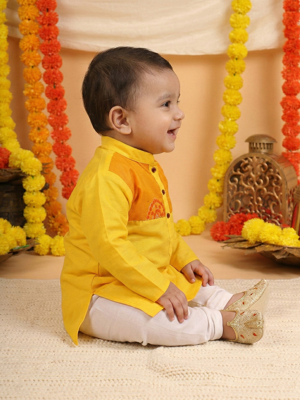 Yellow Cotton Woven Full Sleeve Floral Foil Printed Kurta Pyjama Set