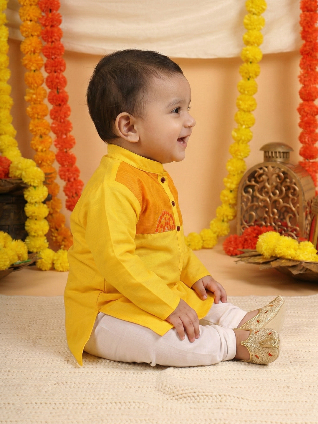 Yellow Cotton Woven Full Sleeve Floral Foil Printed Kurta Pyjama Set