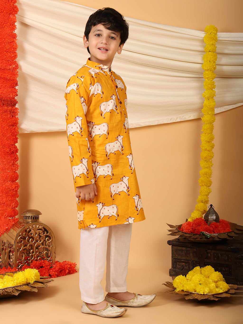 Yellow cow printed Kurta with pajama