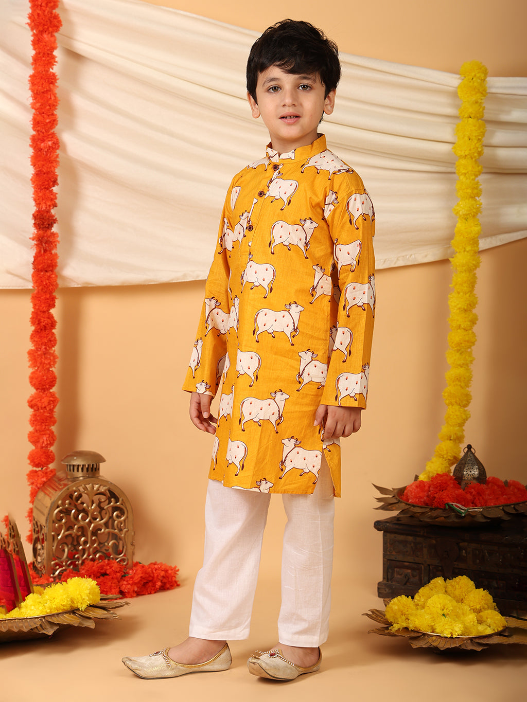 Yellow cow printed Kurta with pajama
