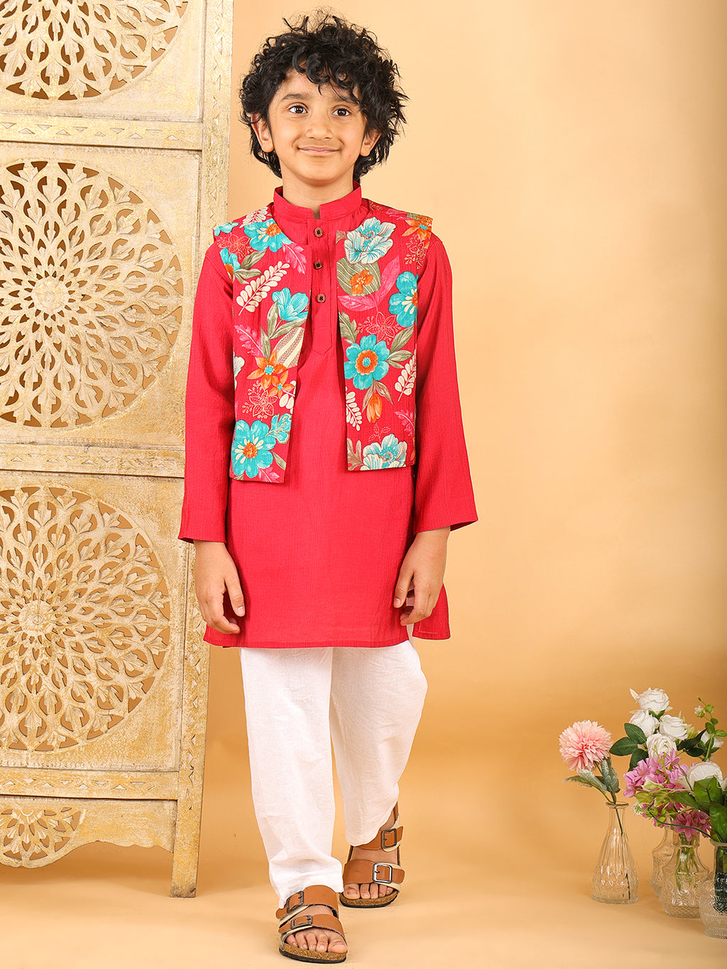 Red Plain Kurta with Floral Jacket & Pajama