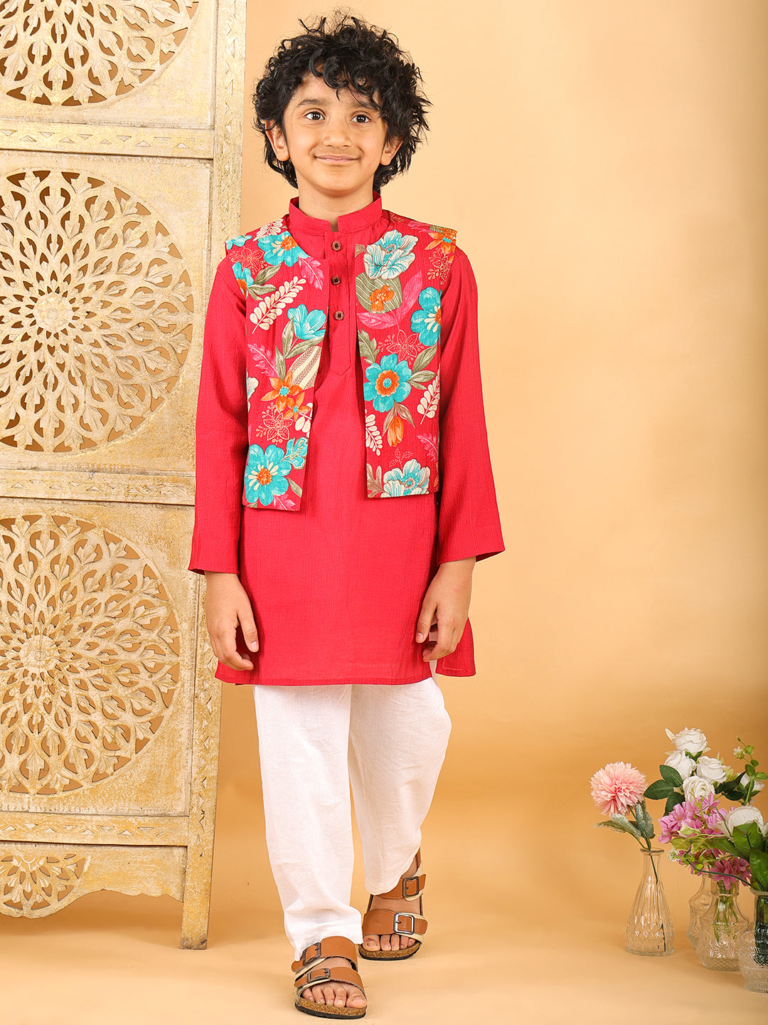 Red Plain Kurta with Floral Jacket & Pajama