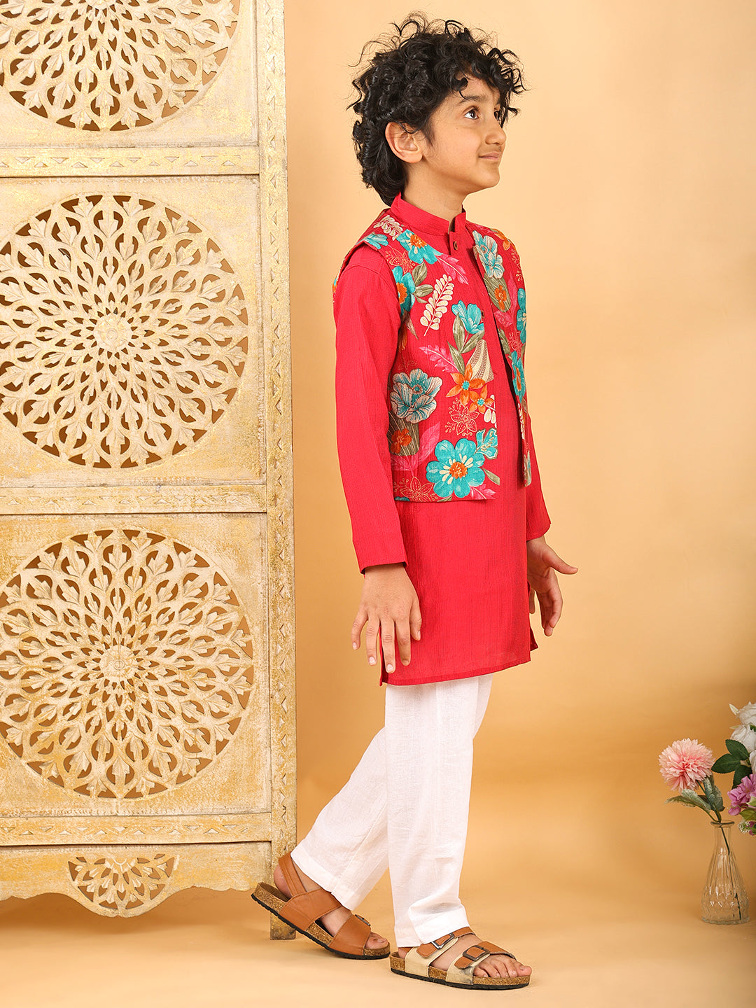 Red Plain Kurta with Floral Jacket & Pajama
