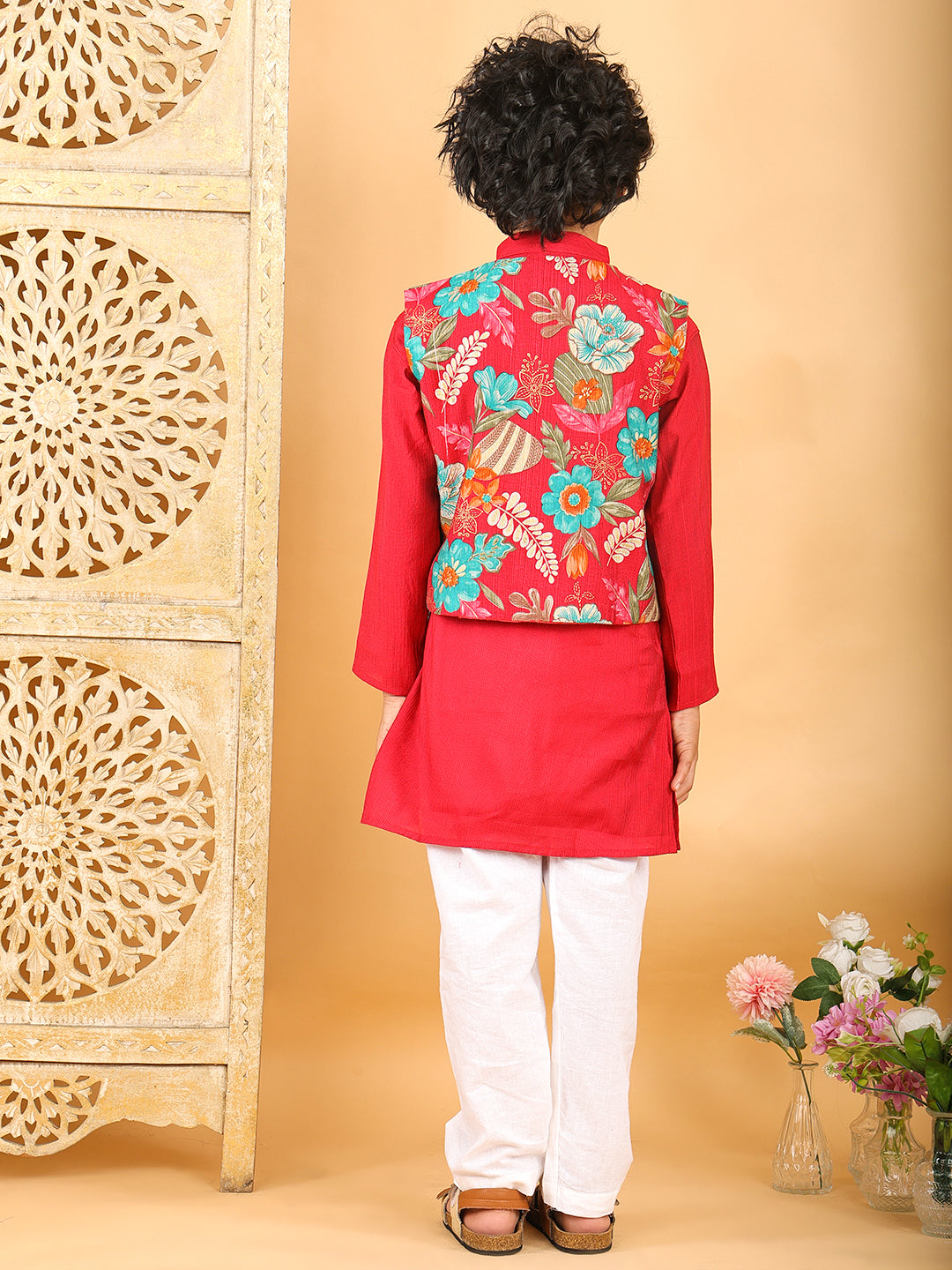 Red Plain Kurta with Floral Jacket & Pajama
