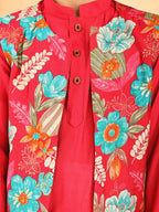 Red Plain Kurta with Floral Jacket & Pajama