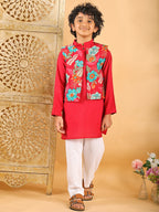 Red Plain Kurta with Floral Jacket & Pajama