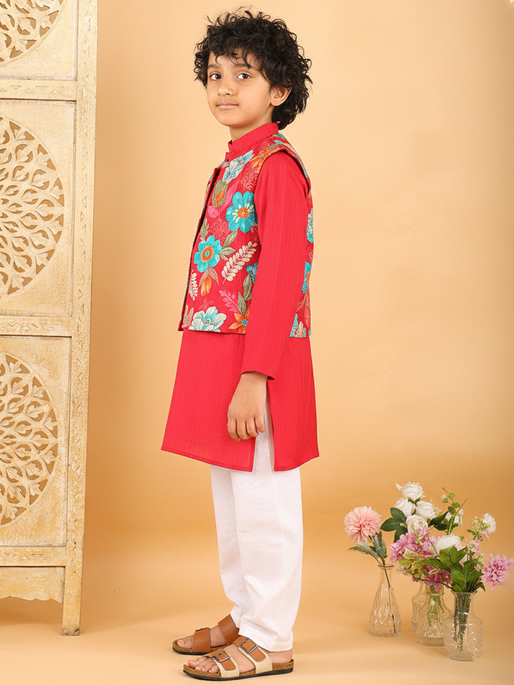 Red Plain Kurta with Floral Jacket & Pajama