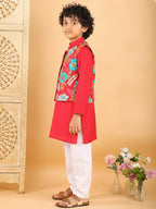 Red Plain Kurta with Floral Jacket & Pajama