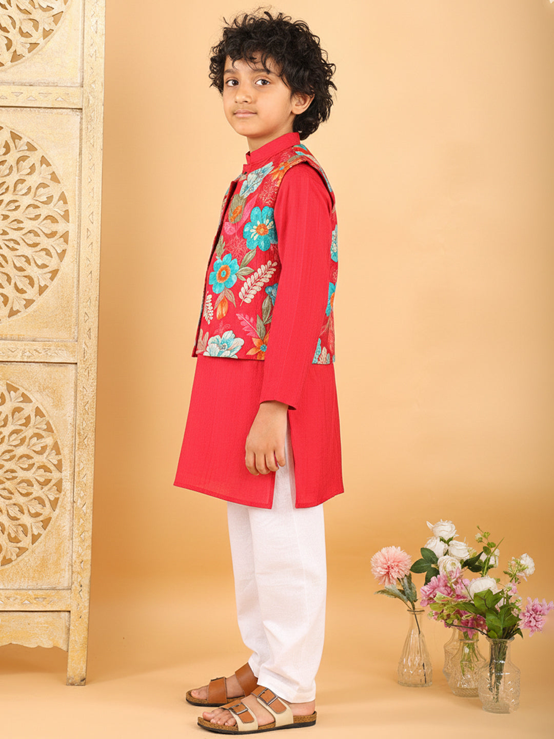 Red Plain Kurta with Floral Jacket & Pajama