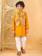 Yellow Plain Kurta with Floral Jacket & Pajama