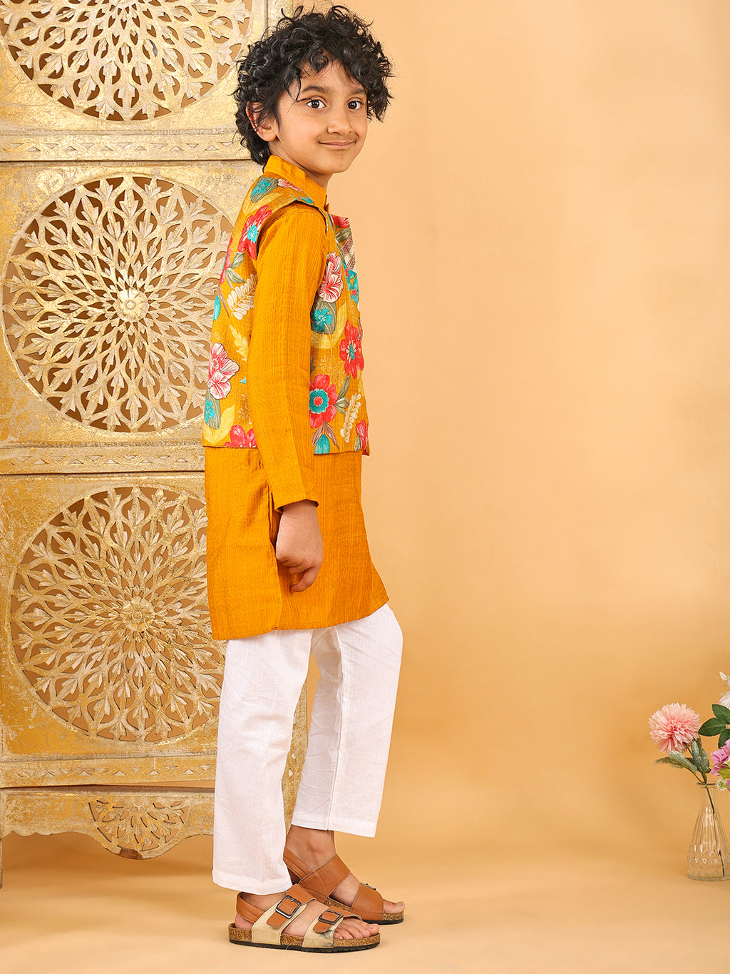 Yellow Plain Kurta with Floral Jacket & Pajama