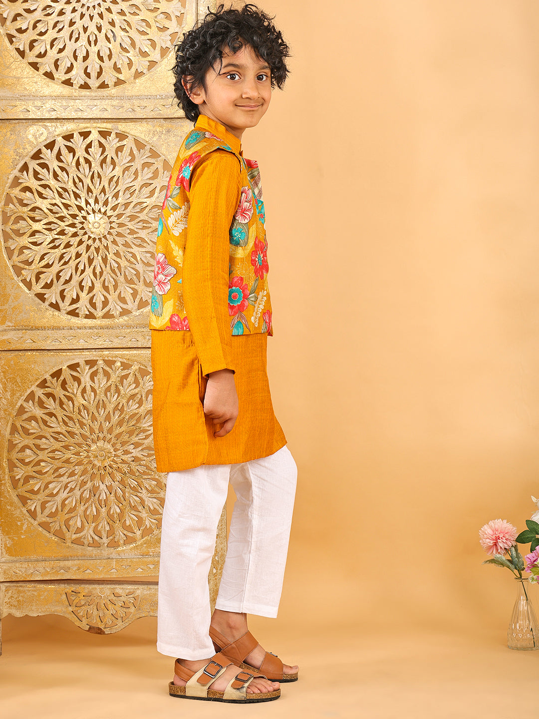 Yellow Plain Kurta with Floral Jacket & Pajama