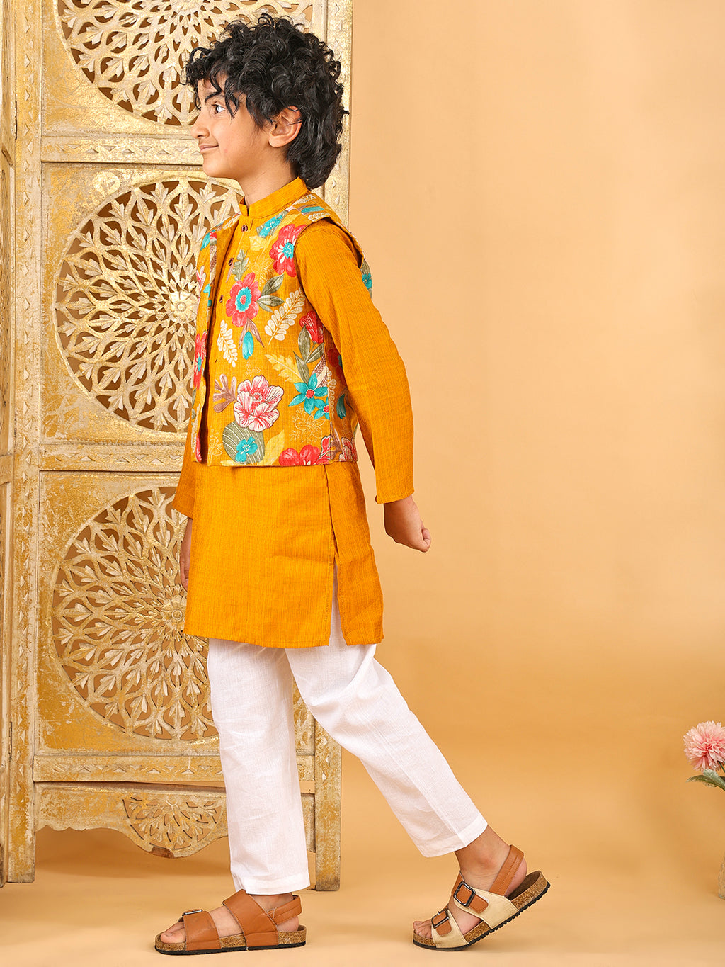Yellow Plain Kurta with Floral Jacket & Pajama