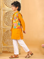 Yellow Plain Kurta with Floral Jacket & Pajama