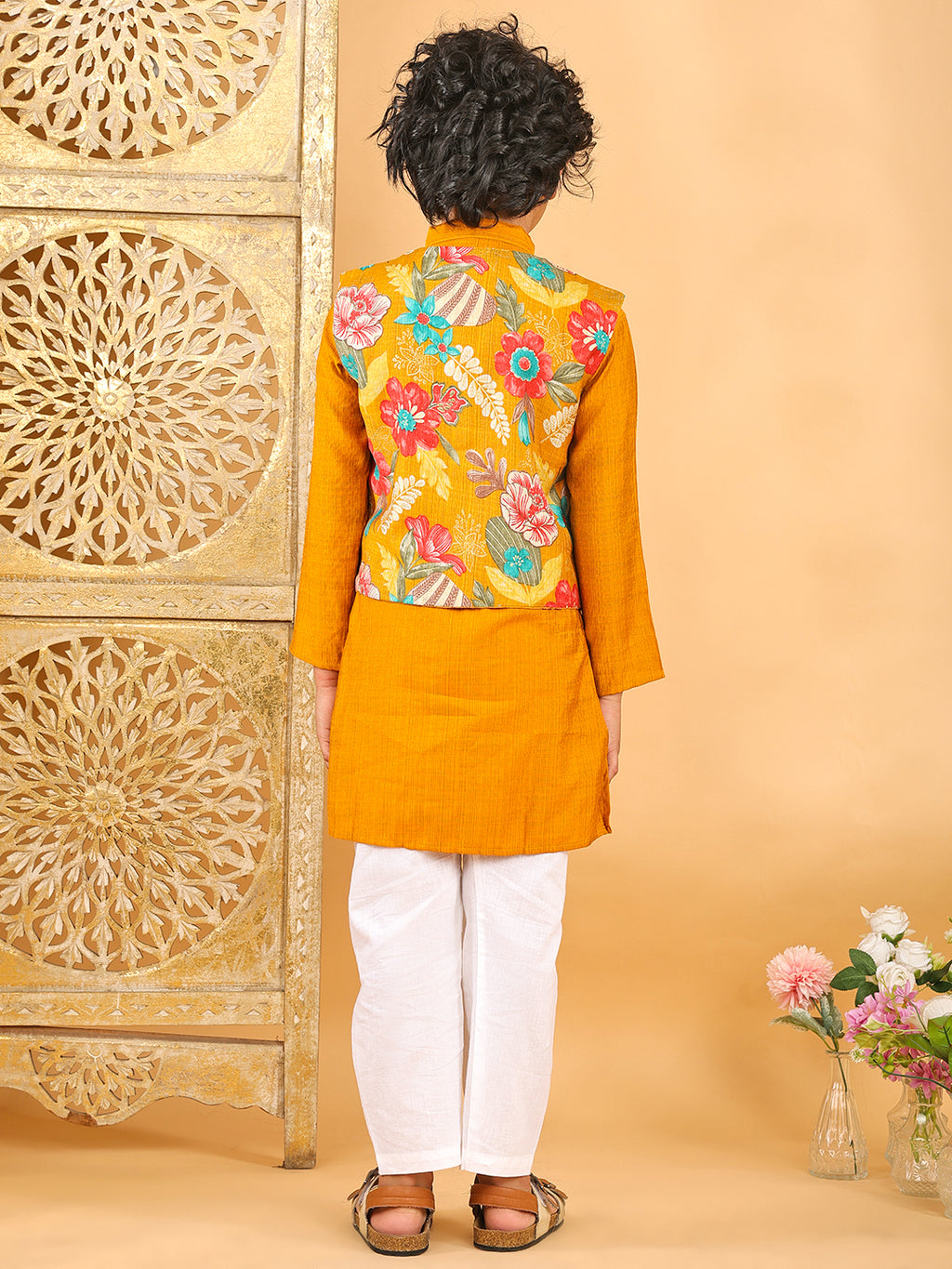 Yellow Plain Kurta with Floral Jacket & Pajama