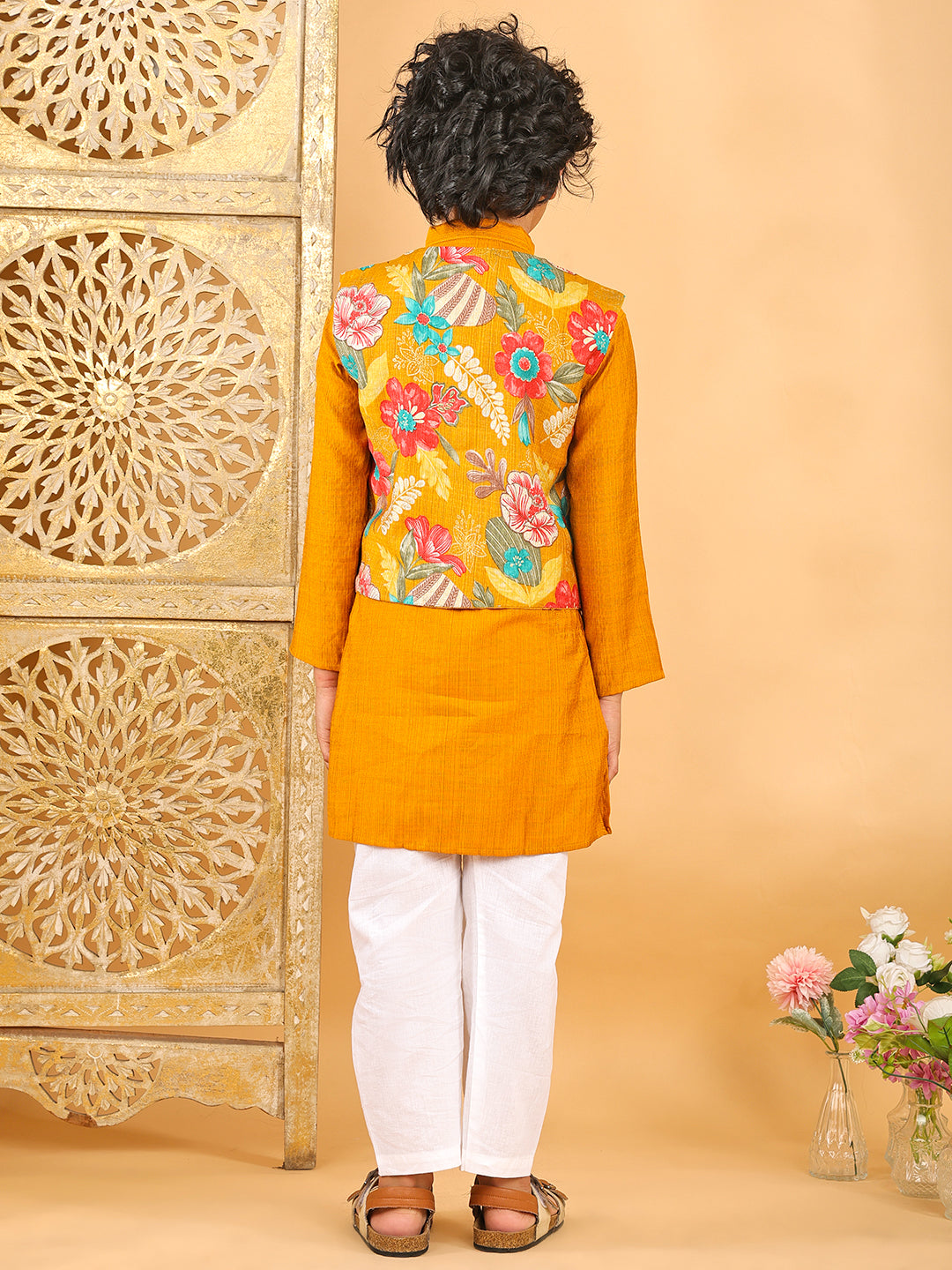 Yellow Plain Kurta with Floral Jacket & Pajama